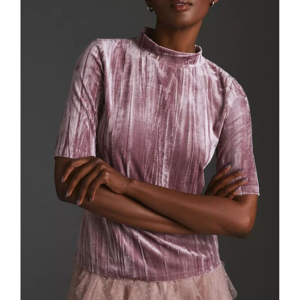 EUC Anthropologie Pilcro Crushed Velveteen Mock-Neck Top, Mauve, Sz S